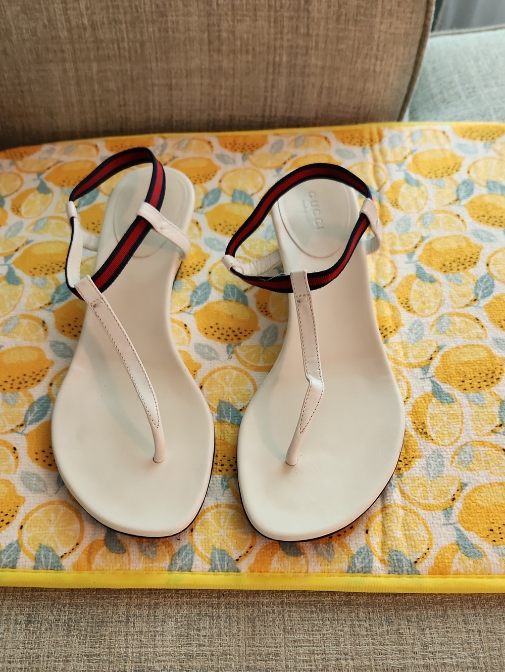 Gucci White T-Strap Sandals with Red and Navy Webbing